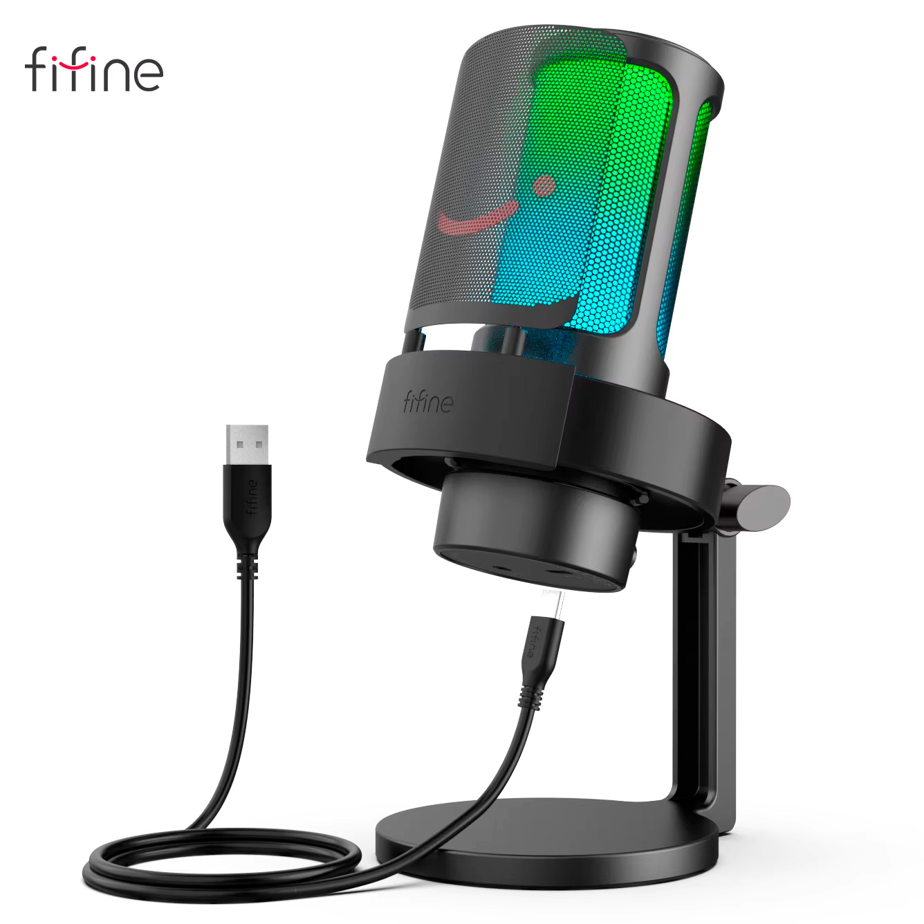 FIFINE Microfone USB para gravação e streaming no PC , saída para fone de ouvido e botão de toque para silenciar, microfone com 3 modos RGB -A8